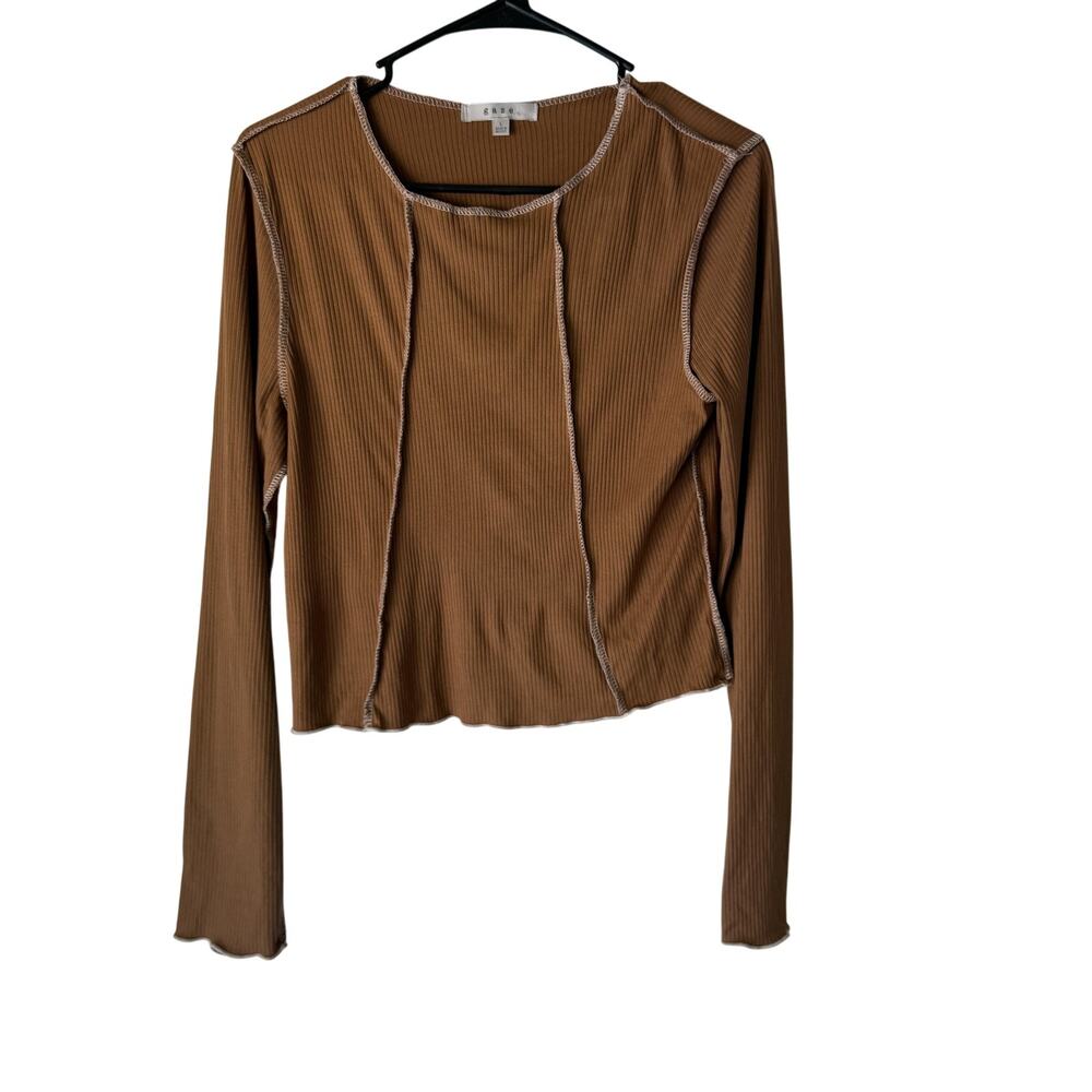Gaze Shirt Womens Large Brown Long Sleeve Lettuce Hem Ribbed Top Forest Fairy